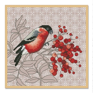 Oiseaux rouges et baies, modèle de point de croix compté, animaux sauvages, oiseau des neiges, forêt d'hiver, Noël, téléchargement de motif numérique, décoration Xstitch