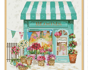 Blooms Flower Shop, Counted Cross Stitch Pattern, Garden Country, Digital Pattern, Landscape Pattern, Hand Needlework chart, Garden Flower
