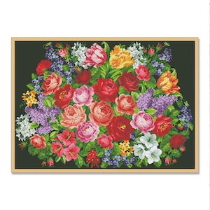 Antiek bloemboeket, geteld kruissteekpatroon, digitaal patroon, bloemmotief, wilde bloemenpatroon, vintage bloemenkaart