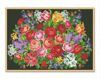Ramo de flores antiguo, Patrón de punto de cruz contado, Patrón digital, Patrón floral, Patrón de flores silvestres, Carta floral vintage