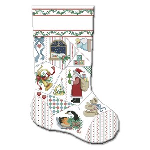 K&ouml;nnte beinhalten: Ein wei&szlig;er Weihnachtssocken mit Patchwork-Design, das verschiedene Weihnachtsszenen zeigt, darunter den Weihnachtsmann, einen Teddyb&auml;r, eine Gans, ein Fenster mit einem Stern und eine Glocke. Der Socken ist mit roten, gr&uuml;nen, blauen und gelben Akzenten verziert.