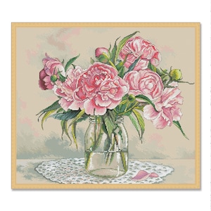 Boeket van pioenrozen, geteld kruissteekpatroon, digitaal patroon, bloemenpatroon met wilde bloemen, boeketborduurwerk, Instant Download PDF