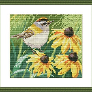 Vogel in bloemen, geteld kruissteekpatroon, vogels op een tak, lentevogel, download digitaal patroon PDF, hand Xstitch decor