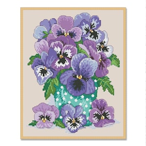 Boeket lila bloemen, viooltjes, kruissteekpatroon, pdf digitaal patroon, modern decor, patroon wilde bloemen, direct downloaden