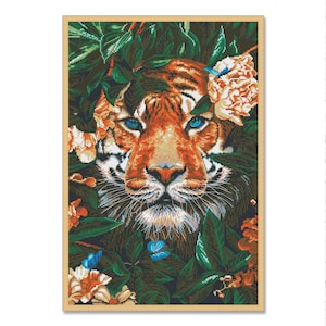 Tijger in bloemen, jungleparadijs, geteld kruissteekpatroon, wilde dieren, zomerbos, Instant Download PDF, Hand Xstitch Decor
