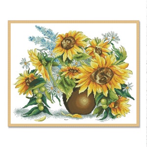 Sunflowers in a vase, Cross Stitch Pattern, Digital Pattern, Summer Garden Flowers, Bouquet with Sunflowers, Floral Chart, Instant Download