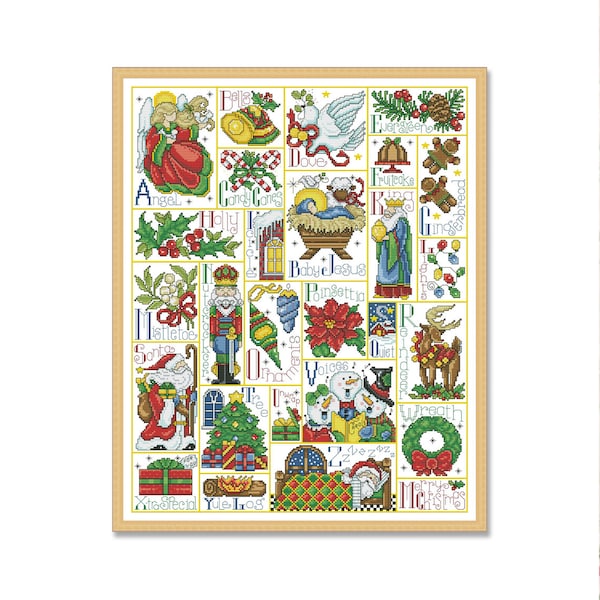 Christmas Sampler, Cross Stitch Pattern, Tree,  Angel, Santa, Christmas Deer, Dove, Gingerbread Man, Hand Xstitch chart, Instant Download