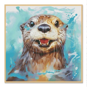 Aquarell Otter, Kreuzstichmuster, Tier, Wasservögel, Handkreuzstich Dekor, Süßer Otter, Mustelidae Kreuzstich, Lutriniae Muster
