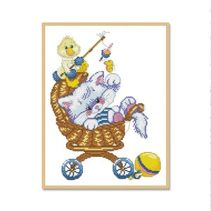 Lindo gatito niño, patrón de punto de cruz contado PDF, registro de nacimiento, muestra de animales bebés, personalización, juguetes divertidos, alfabeto infantil, ABC
