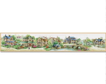 Green Village, Counted Cross Stitch Pattern, Summer Landscape Pattern, Instant Download PDF, Needlework Chart, Village Cottage