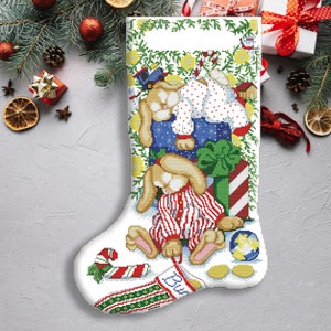 Christmas Stocking, Sleepy Bunnies, Animals, Counted Cross Stitch Pattern, Xstitch Decor, Needlepoint Chart, Instant download PDF