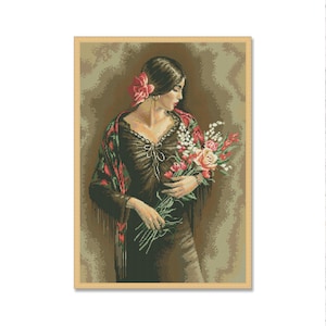 Spanish woman #1, Cross Stitch Pattern, Digital Pattern PDF, Modern Decor, Woman with a bouquet, Floral Pattern, Hand Needlepoint Chart