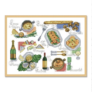 Échantillonneur de déjeuner français, modèle de point de croix compté, nature morte de cuisine, vin, fromage, pain, nourriture, décor moderne à la maison, téléchargement immédiat PDF
