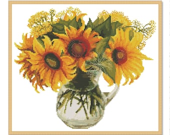 May include: A painting of a bouquet of sunflowers in a white ceramic vase. The sunflowers are yellow with brown centers and green leaves. The vase has a brown and green pattern.