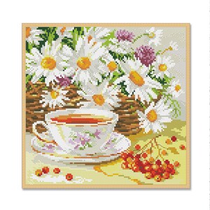Madeliefjes in een mand, geteld kruissteekpatroon, digitaal patroon, bloemmotief, wilde bloemen patroon, boeket, Instant Download PDF