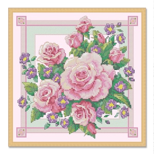 Roosreflectie, geteld kruissteekpatroon, oosterse bloemen, digitaal patroon PDF, bloemenkaart, patroon van wilde bloemen, boeketborduurwerk