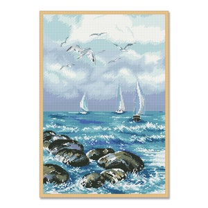 Sailboats, Counted Cross Stitch Pattern, Sea Waves, Seagulls, Summer Landscape, Hand Embroidery, Needlepoint Chart, Digital Pattern PDF