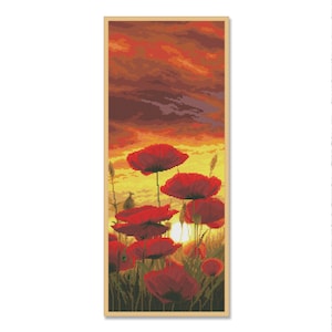 Veld van klaprozen, geteld kruissteekpatroon, digitaal patroon, bloemmotief, wilde bloemen patroon, boeket borduurwerk, Instant Download