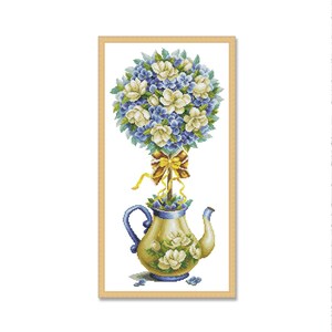 Magnolia pot, geteld kruissteekpatroon, oosterse bloemen, digitaal patroon PDF, bloemenkaart, patroon van wilde bloemen, boeketborduurwerk