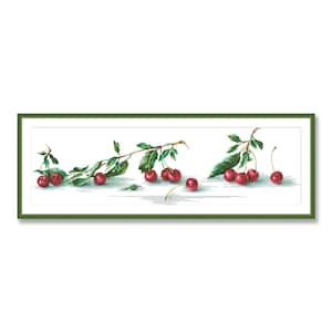 May include: A cross-stitch embroidery of a branch of red cherries with green leaves. The cherries are arranged in a line, with some falling off the branch. The embroidery is framed in a green frame.