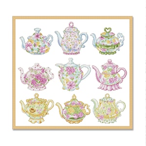 Teapots Collection, Counted Cross Stitch pattern, Kitchen Still Life, Cups, Mugs, Tea Time, Home Modern Decor, Instant Download PDF