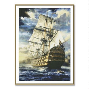 May include: A framed print of a tall ship sailing on a choppy sea under a dramatic sky. The ship has multiple masts and billowing white sails. The artwork features a detailed depiction of the vessel and the surrounding environment.