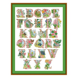 Tuinalfabet, tuin ABC, geteld kruissteekpatroon, bloemenletters, belettering personalisatie, decor voor kinderkamer, tuinbloem ABC