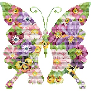 Vlinders en bloemen, geteld kruissteekpatroon, bloemennatuur kruissteek, insecten, bloeiende vlinder, bloemenpatroon Download PDF