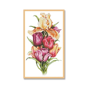 Ramo Iris Tulipanes, Patrón Punto de Cruz, Patrón Digital PDF, Flores de Jardín de Primavera, Patrón Xstitch, Carta Floral, Descarga Instantánea