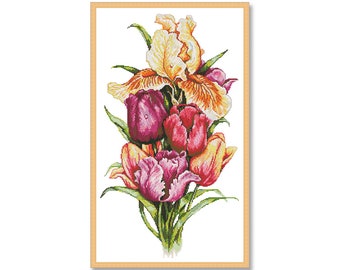 Bouquet Irises Tulips, Cross Stitch Pattern, PDF Digital Pattern, Spring Garden Flowers, Xstitch Pattern, Floral Chart, Instant Download