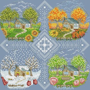 May include: A cross-stitch design featuring four circular scenes depicting a house in different seasons. Spring shows tulips, summer sunflowers, autumn pumpkins and leaves, and winter snow. The background is a light blue with a geometric pattern.