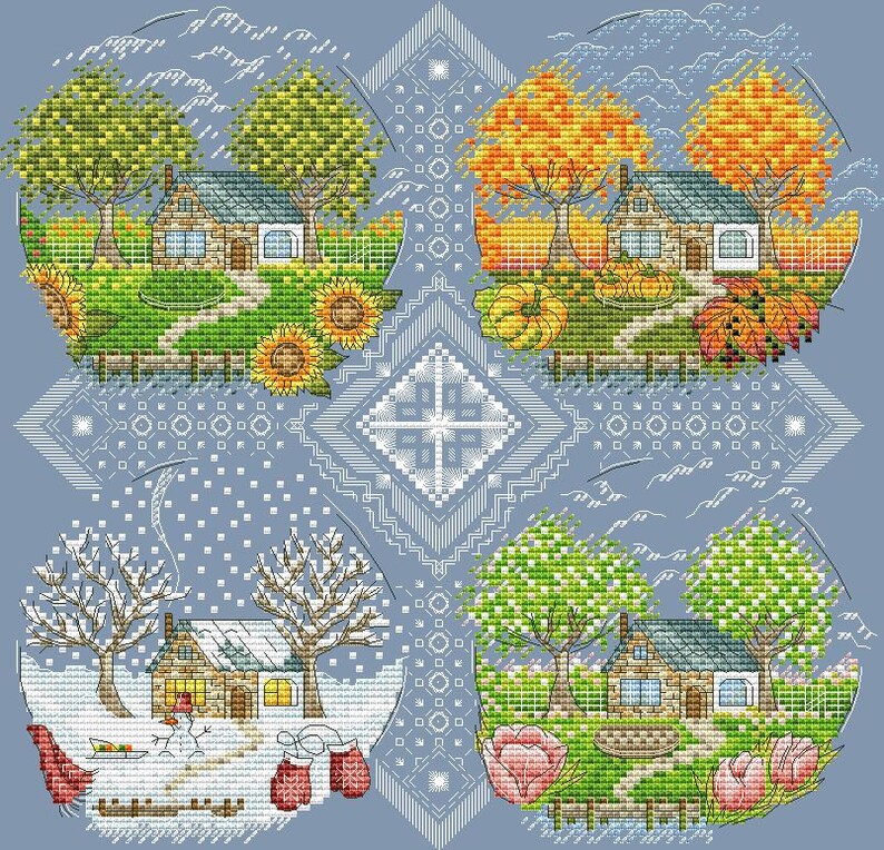 May include: A cross-stitch design featuring four circular scenes depicting a house in different seasons. Spring shows tulips, summer sunflowers, autumn pumpkins and leaves, and winter snow. The background is a light blue with a geometric pattern.