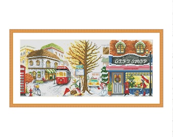 Herbst Winter Jahreszeiten, Kreuzstich Muster, Dorf Cottage, Herbstwald , Handstickerei, Nadelspitze Stickmuster Digitales Muster PDF