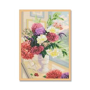 Boeket van pioenrozen, geteld kruissteekpatroon, digitaal patroon, bloemenpatroon met wilde bloemen, boeketborduurwerk, Instant Download PDF