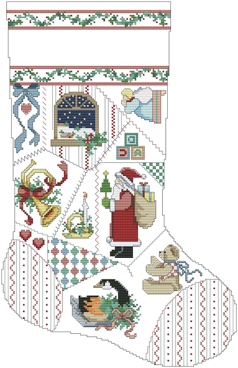 K&ouml;nnte beinhalten: Ein wei&szlig;er Weihnachtssocken mit Patchwork-Design, das verschiedene Weihnachtsszenen zeigt, darunter den Weihnachtsmann, eine Gans, einen Teddyb&auml;r, eine Glocke und ein Fenster mit einem Stern.