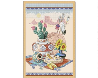 Native Still Life, Counted Cross Stitch Pattern, Summer Landscape, Grand Canyon  Desert  Cactus  Ceramic tableware, Digital Pattern PDF