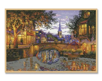 Evening City, Counted Cross Stitch Pattern, Summer Landscape, Instant Download PDF, Old town street, European Bistro