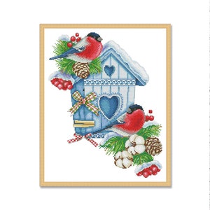Pajarera, Patrón de punto de cruz contado, Pájaros en una rama, Pájaro de invierno, Caja nido, Descargar patrón digital PDF, Decoración Xstitch a mano