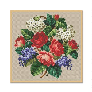 Boeket rozen, geteld kruissteekpatroon, digitaal patroon, bloemmotief, wilde bloemen patroon, vintage bloemenkaart, direct downloaden