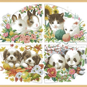 Dieren van seizoenen, geteld kruissteekpatroon, dier, katten, hand Xstitch decor, schattige katjes, puppy's, kittens, panda, konijnen