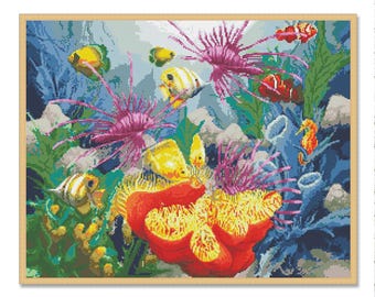 Cross Stitch Pattern Colorful Tropical Fish and Coral Reef Underwater Scene Ocean Marine Life Embroidery Design for Sea Lovers
