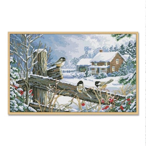 Mésanges sur une clôture, Motif point de croix compté, Animaux sauvages, Oiseau des neiges, Forêt en hiver, Noël, Modèle numérique à télécharger au format PDF