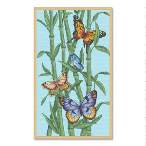 Vlinders en Bamboe, Geteld Kruissteekpatroon, Bloemenkaart, Natuur kruissteek, Insecten, Violet Roze, Bloemenpatroon, Download PDF