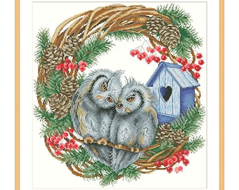 Awesocrafts Kreuzstich-Set 'Eule & Vögel' – Vorgedruckter Stoff 11 CT, Inkl. Garn & Nadel