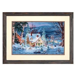 May include: A snowy winter scene with a small white house with lit windows, surrounded by trees and snow-covered ground. The house has a porch with a red door and a chimney with smoke coming out of it. There are other houses in the background, and a dog and a cat are walking in the snow.