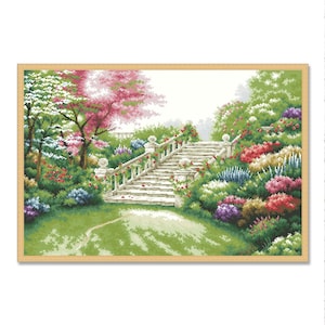 Spring Park, Counted Cross Stitch Pattern, Summer Landscape, Hand Embroidery, English village, Needlepoint Chart, Digital Pattern PDF