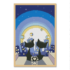 Cats and Cheese Moon, Counted Cross Stitch pattern, Animal, Cats, Hand Xstitch Decor, Midnight Moon, Cats cross stitch, Black Cats pattern
