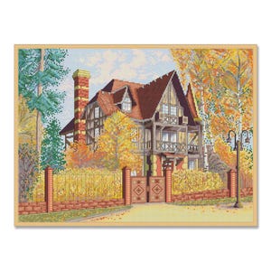 Autumn Story, Counted Cross Stitch Pattern, Village Cottage, Autumn forest , Hand Embroidery, Needlepoint Chart, Digital Pattern PDF