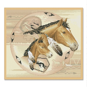Tribal Ponies, Counted Cross Stitch pattern, Animals pattern, Instant Download, Needlework Chart, Galloping Horses, Two Brown Horse Running