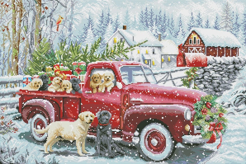 Christmas delivery, Counted Cross Stitch Pattern, Christmas Village, Winter Landscape, Hand Needlepoint Chart, Cottage, Dogs Pattern image 3